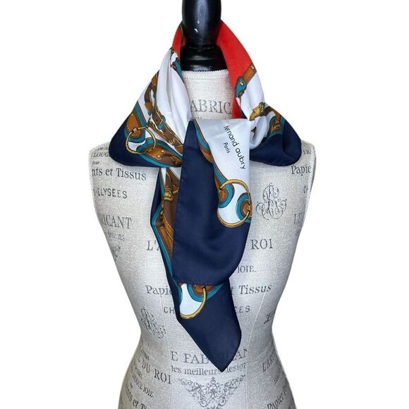 Vintage Fernand Aubry Paris Scarf Equestrian Design Blue Cream Red Tan Gold 30” - Picture 2 of 15